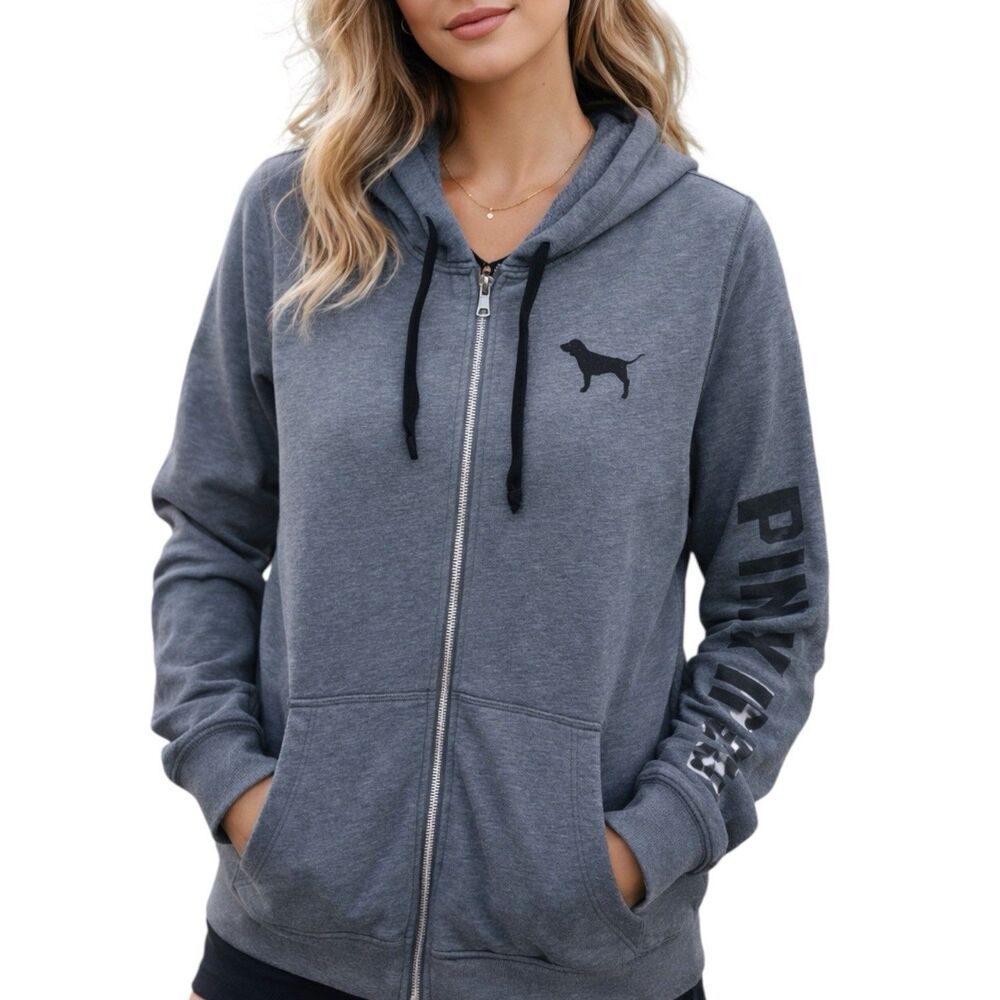 PINK Victoria’s Secret Gray‎ Full Zip Dog Logo Graphic Hoodie